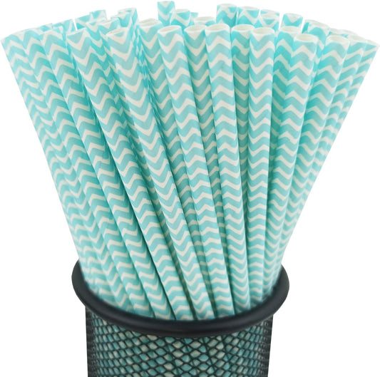 YAOSHENG Premium Disposable Waves Striped Drinking Paper Straws, Pack 100 Light Blue Waves Paper Straws for Cocktail Party Supplies,Birthday,Bridal/Baby Shower,Juice,Shakes (Light Blue Waves)