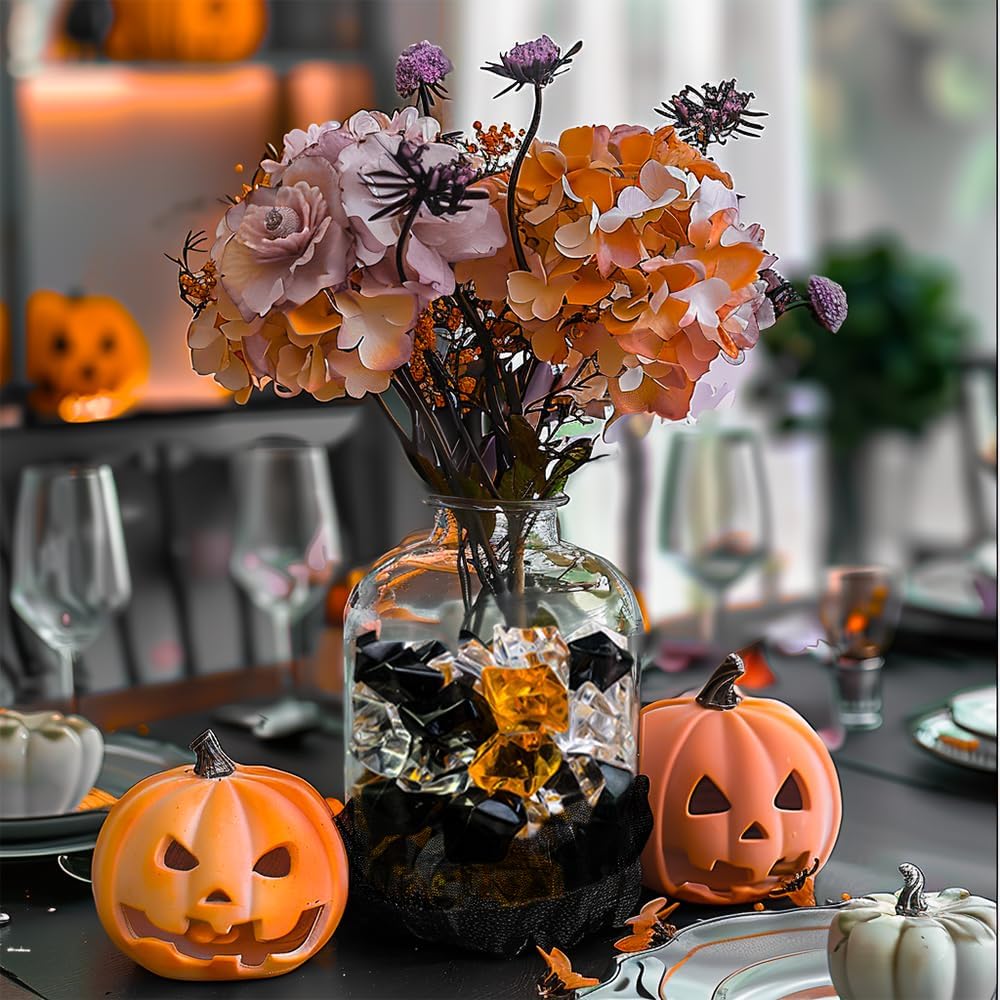 HappyFiller Halloween Decoration Acrylic Gems Fake Crystal Cubes Jewels Rocks for Vase Fillers, Centerpieces,Party Decor Ice Stones Table Scatter,Orange,Black and White,14 OZ