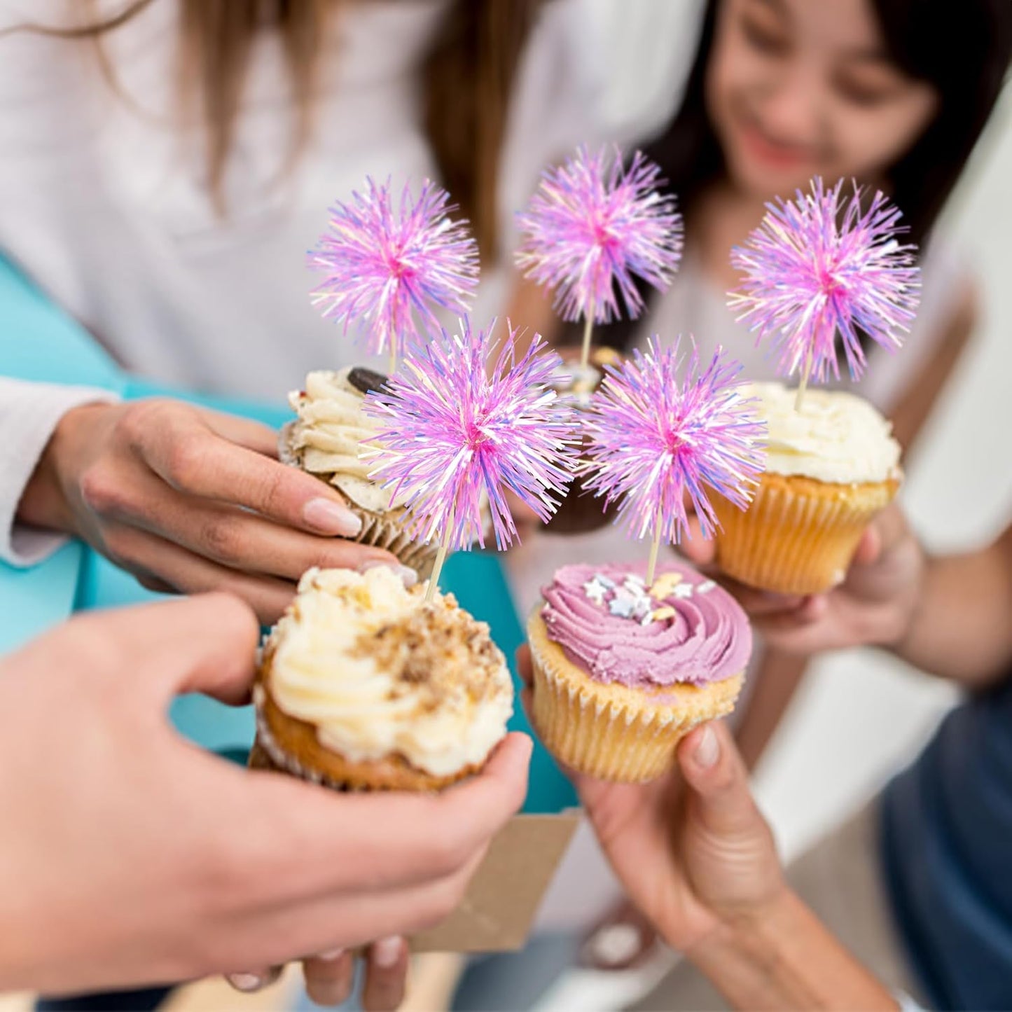 Gyufise 30Pcs Foil Firework Cupcake Toppers Sparkle Tinsel Cake Toppers Tinsel Drink Cake Decoration Cocktail Picks for Birthday Wedding Graduation Party Supplies Laser Rose Red