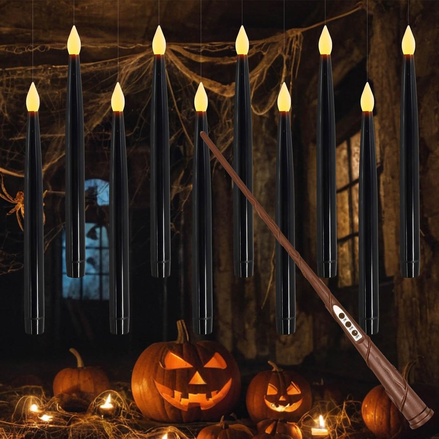 Leejec 10 Pcs of 10.8" Floating Candles, Magic Wand Remote with 6/18H Timer, Halloween Decorations, Hanging Flameless Taper Candles, Flickering Warm White LED, Home Decor, Witch Wizard Gift (Black)