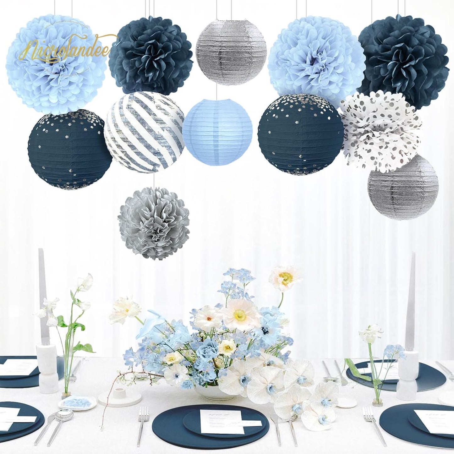 NICROLANDEE Dusty Blue Wedding Decorations, 12 PCS Blue Grey Tissue Pom Poms Paper Lanterns Decor for Birthday, Bridal Shower, Baby Shower, Bachelorette Party Hanging Decoration Supplies