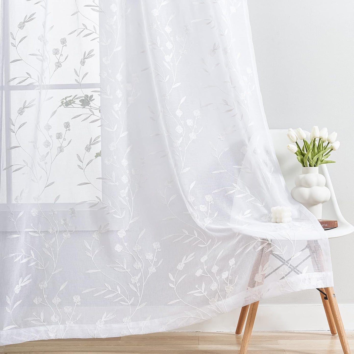 Sheer Curtains White 54 Inches Long Floral Embroidery Rod Pocket Voile Drapes for Living room, Bedroom, Window Treatments Semi Lace Outdoor Curtain Panels for Patio, Lawn, Garden, Set of 2, 52"x 54".