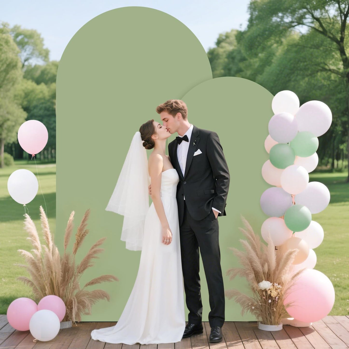 FUHSY Wedding Metal Arch Backdrop Stand with Sage Green Arch Cover 7.2FT, 6FT Balloon Arches Stand and Cover Set of 2 Spandex Arched Backdrop Covers for Birthday Party Baby Shower Ceremony Arbor Decor