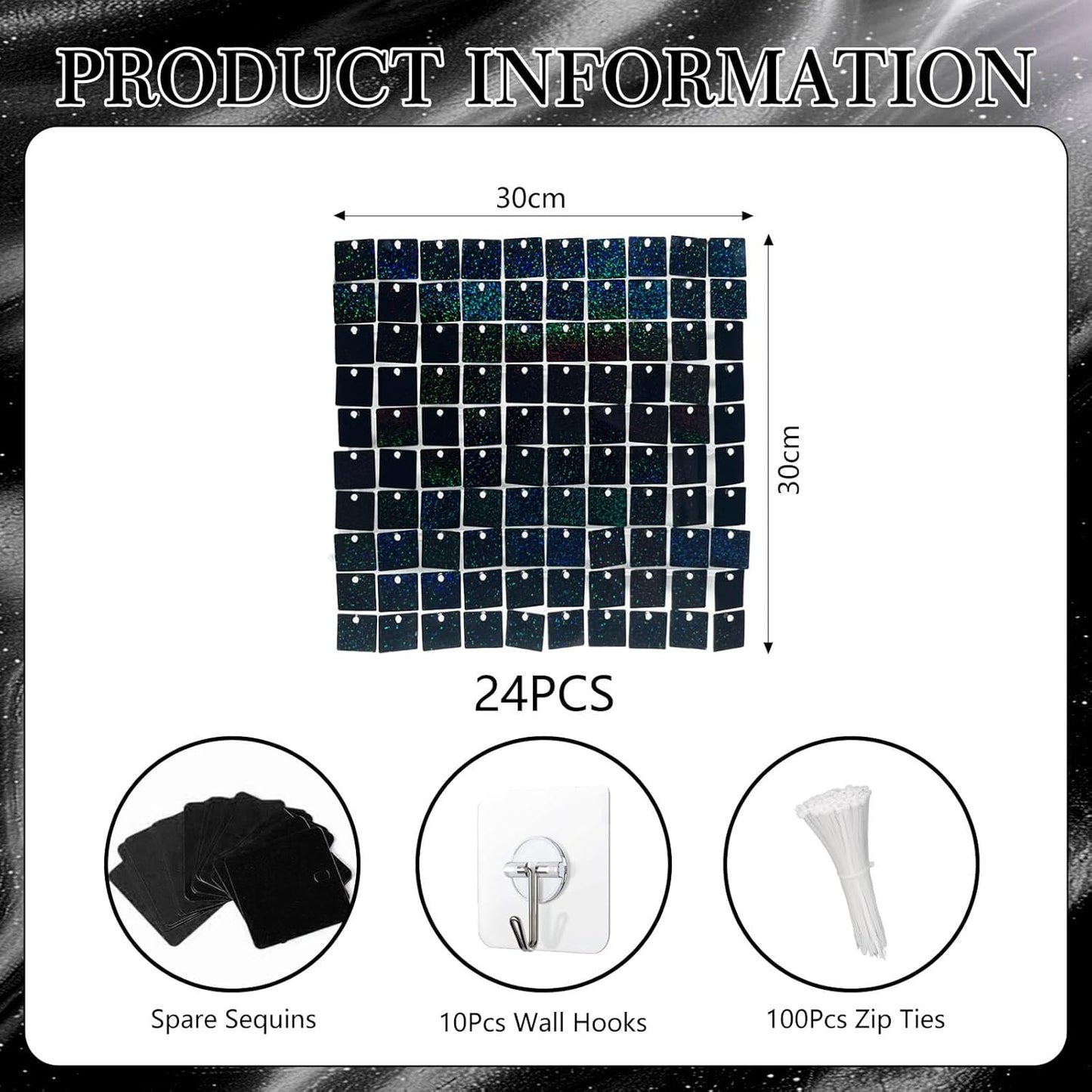 24PCS Black Shimmer Wall Backdrop, Laser Square Sequin Photo Backdrops Panel, Glitter Wall Background for Birthdays, Weddings, Christmas, Engagements, Disco Bachelorette Party Decoration (4FTx6FT)