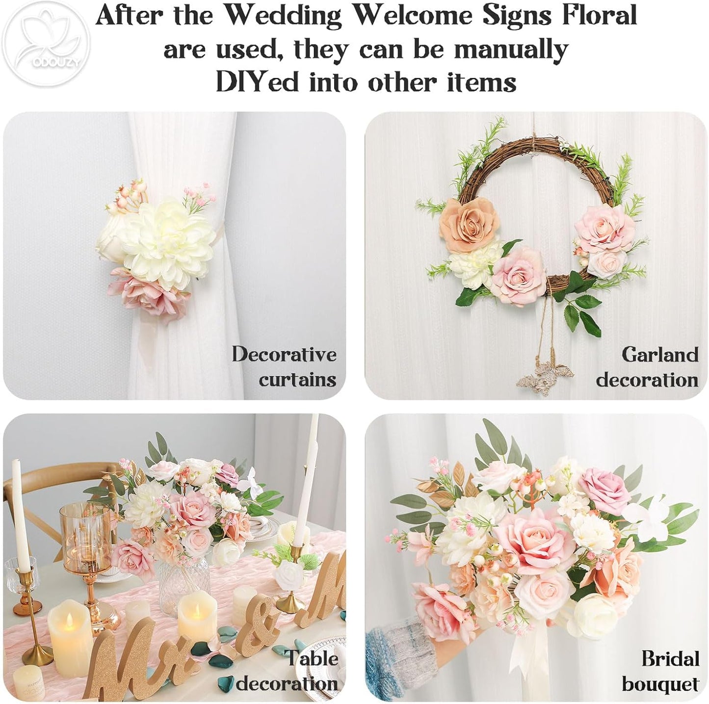 Wedding Arch Flowers Kit,Artificial Flower Arch Decor (Set of 3),2pcs Artificial Flower Arrangement with 1pc Sheer Drape for Wedding Decor Reception Backdrop Floral Decorations (Light Pink)