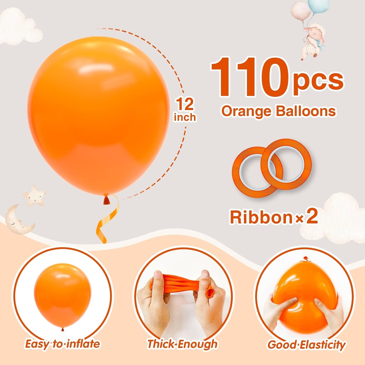 110pcs Orange Balloons 12 Inch Latex Balloon Arch Kit for Birthday Baby Shower Anniversary Graduation Wedding Party Decorations