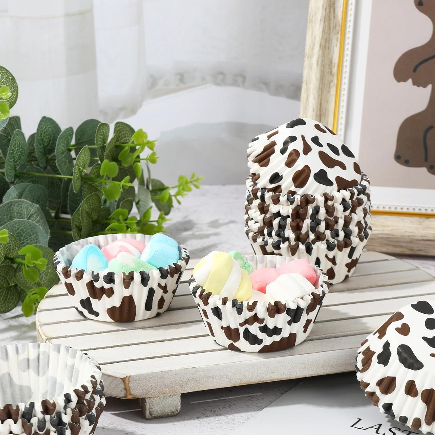 Whaline 300Pcs Cow Print Paper Baking Cups Black Brown Cupcake Liners Highland Cow Spot Muffin Liner Farm Animal Cake Paper Cups Storage Container for Party DIY Craft, 2x1.2 Inch