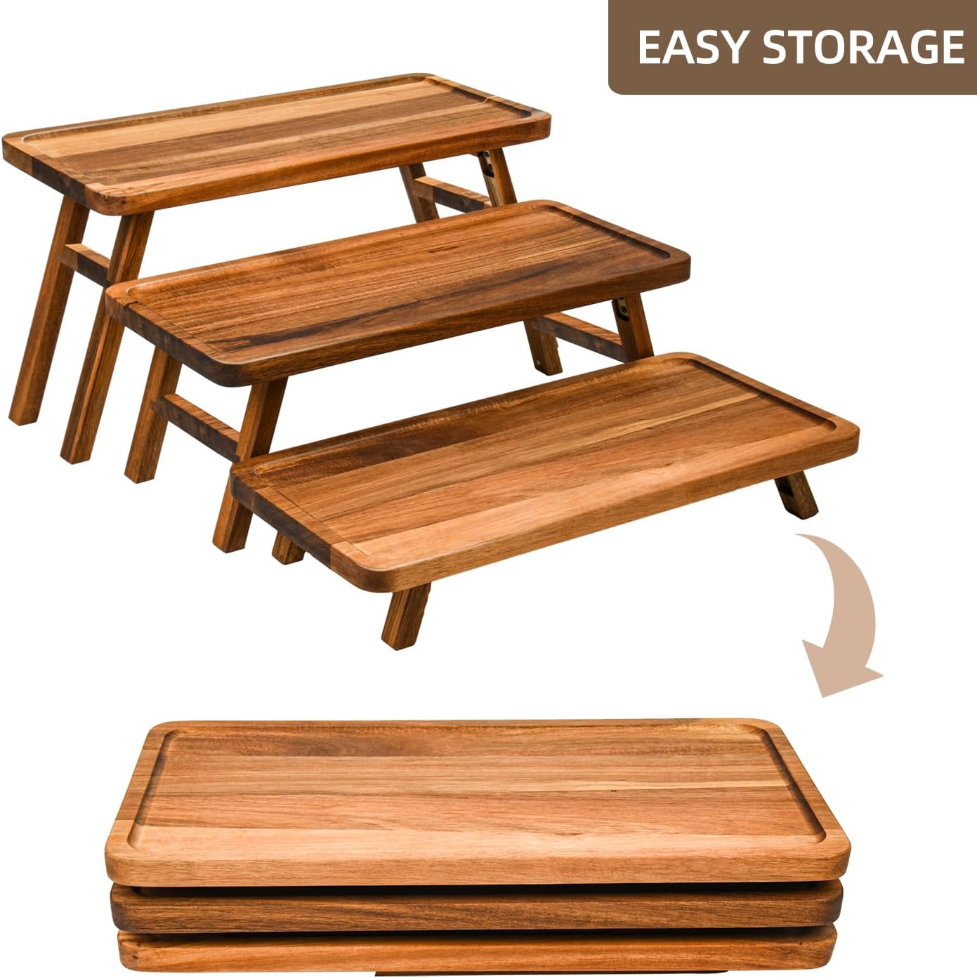 GEHE 3 Tier Serving Stand, Acacia Wood Dessert Table Display Cupcake Stand, Rustic Foldable 3-Tiered Serving Trays & Platters, Large Charcuterie Board for Birthday Wedding Bridal Shower Tea Party