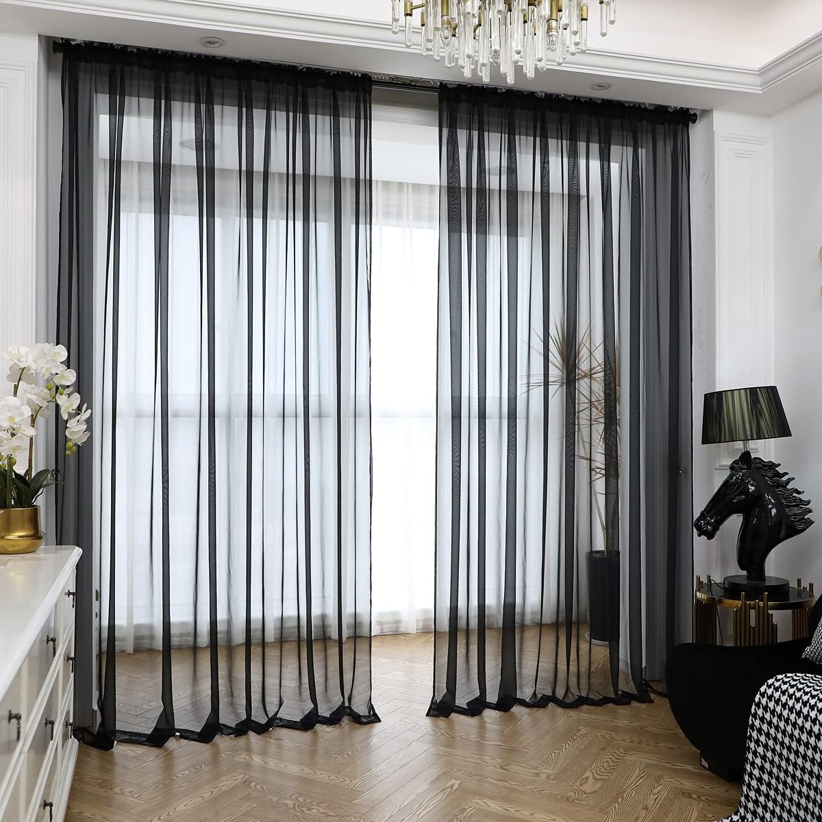 Window Black Sheer Curtains 48 Inches Width 130 Inches Long 2 Panels Sheer Curtain Clear Curtains Basic Rod Pocket Panel for Home Living Room Bedroom Kids Room Yard Patio Parlor Sliding