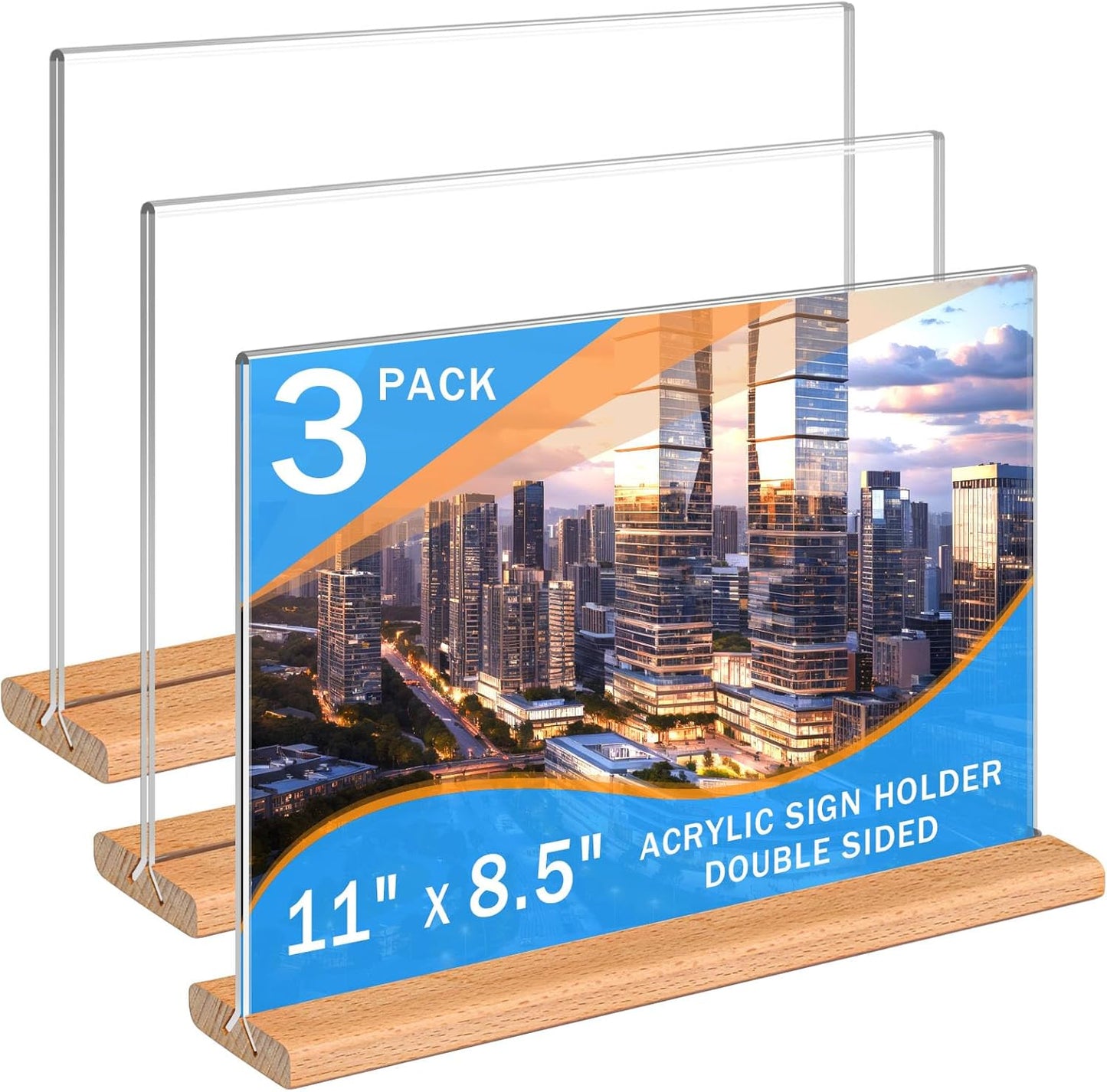 Kersally Acrylic Sign Holder 11 x 8.5'', 3 Pack Double-Sided Clear Table Display Stands with Wood Base,Horizontal Acrylic Frame Menu Flyer Paper Holder for Store, Restaurant, Hotel, Office, Show Fair