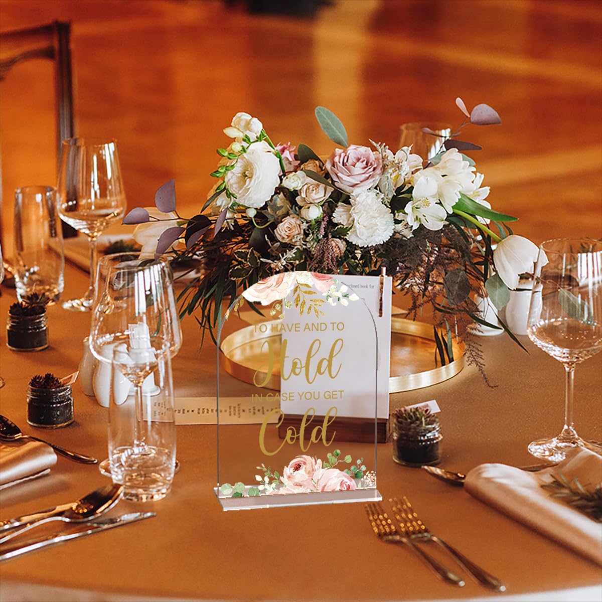 Acrylic Wedding Signs, Bridal Shower Decorations, Modern Calligraphy Arch Acrylic Table Top Sign for Wedding Reception and Engagement Parties - To Have And To Hold (Clear Pink Flowers)