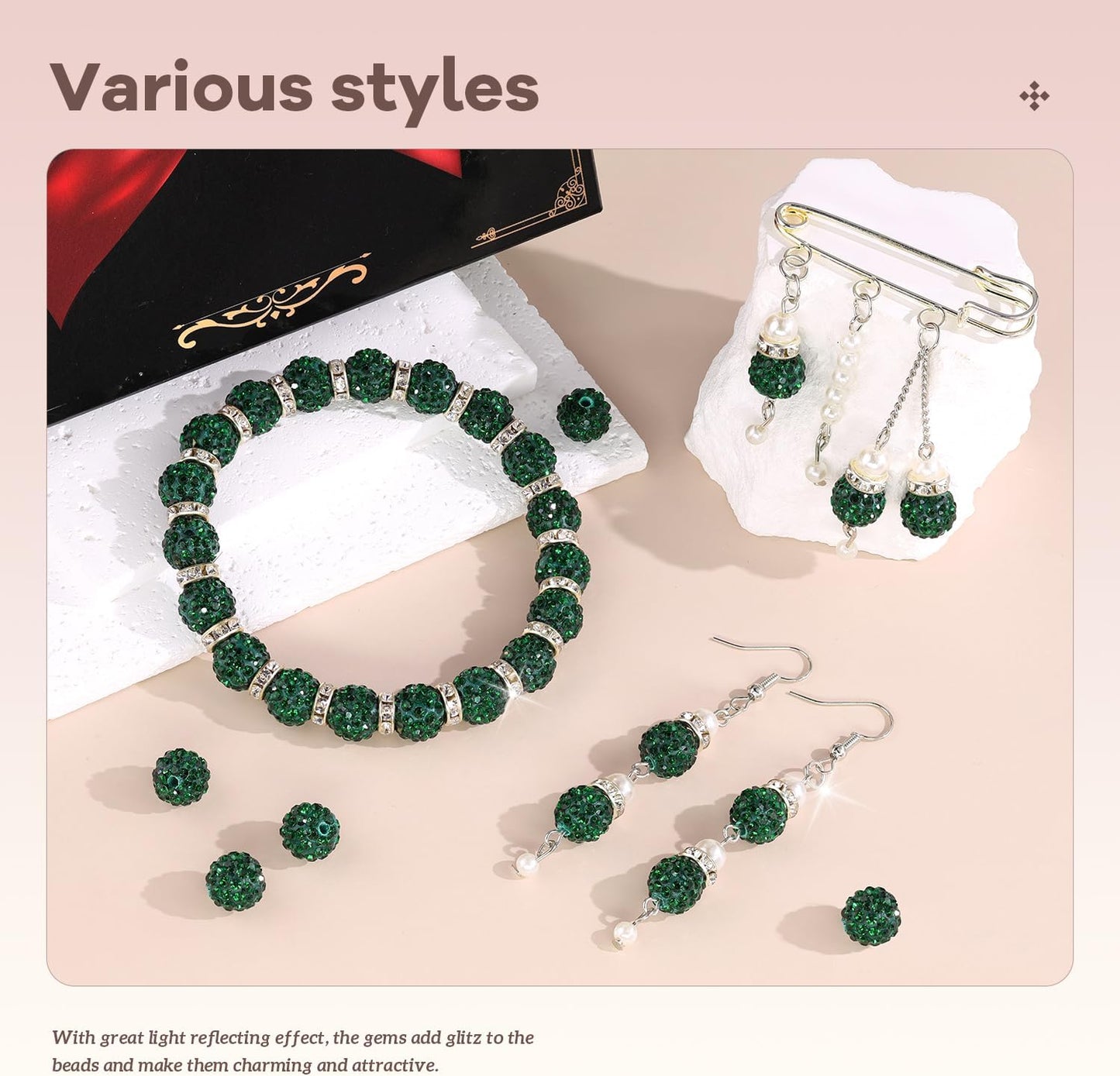 200pcs 10mm Rhinestone Beads for Jewelry Making, Dark Green Shiny Round Disco Ball Beads Bulk, Sparkle Crystal Clay Christmas for Bracelet Baseball Necklace Earring Crafting and DIY