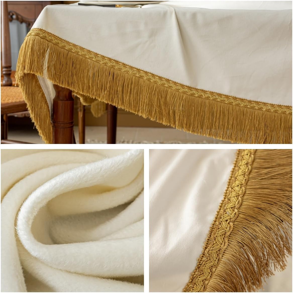 F-CHU White Tablecloth Thickset Velvet Tablecloth with Beautiful Gold Tassels Vintage Table Cloth for Home Decor Wedding, Party, Banquet and Events 60" Round