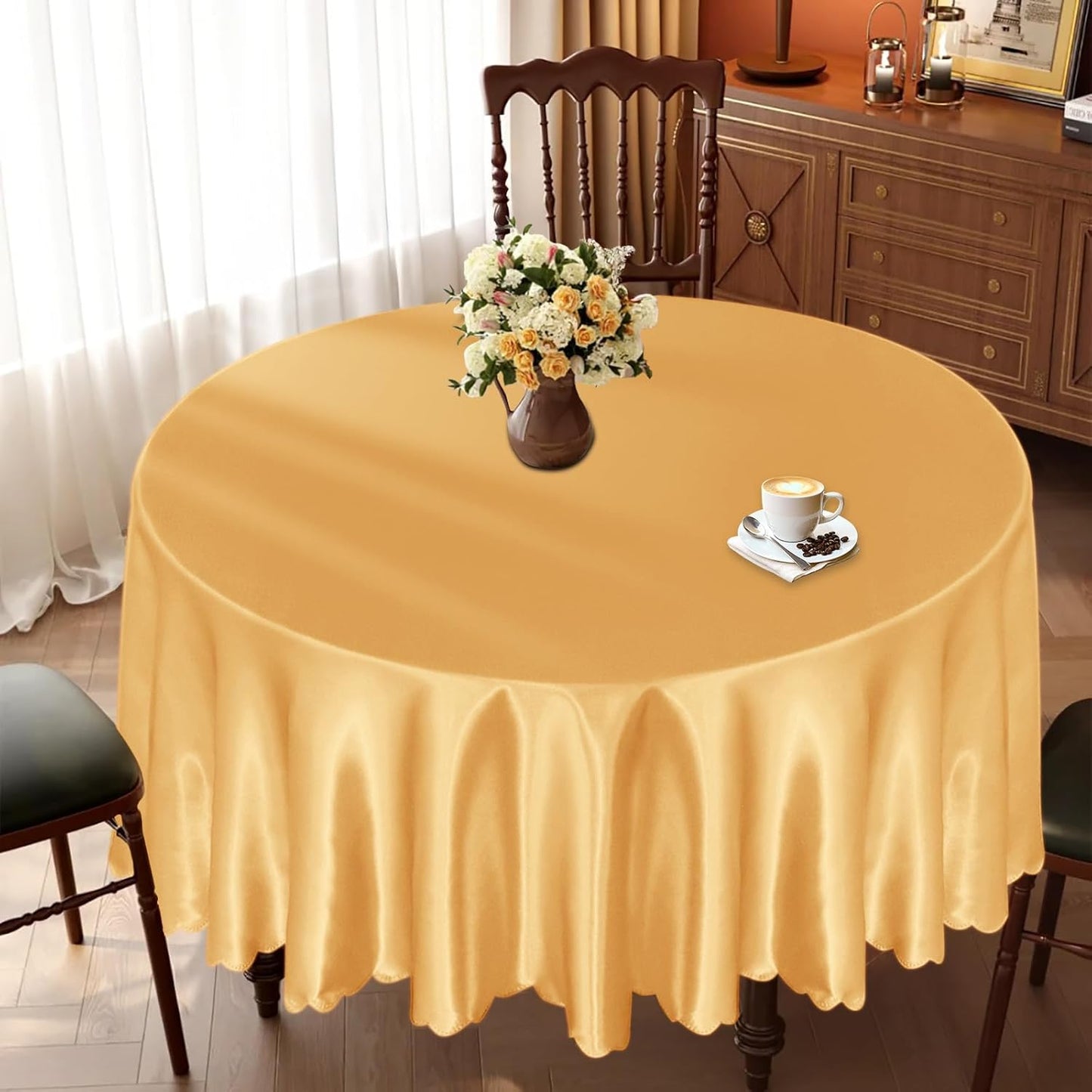 KKJIAF 1 Pack 108 Inch Round Table Cloth, Gold Overlay Round Satin Table Cover, Silky Satin Dining Tablecloths for Wedding Buffet Parties Banquet Decoration