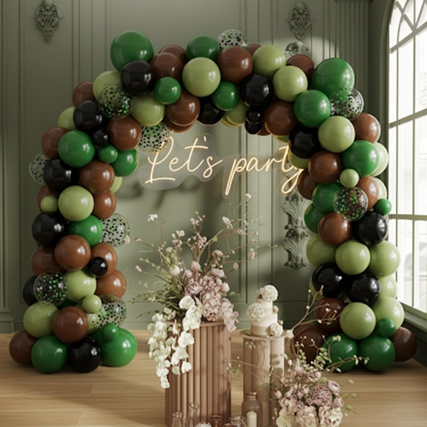 Green and Brown Balloons, 50PCS 12 Inch Camouflage Green Black Brown Ballons, Dark Emerald Green Confetti Balloon for Camping Game Jungle Theme Camo Birthday Army Party Decorations