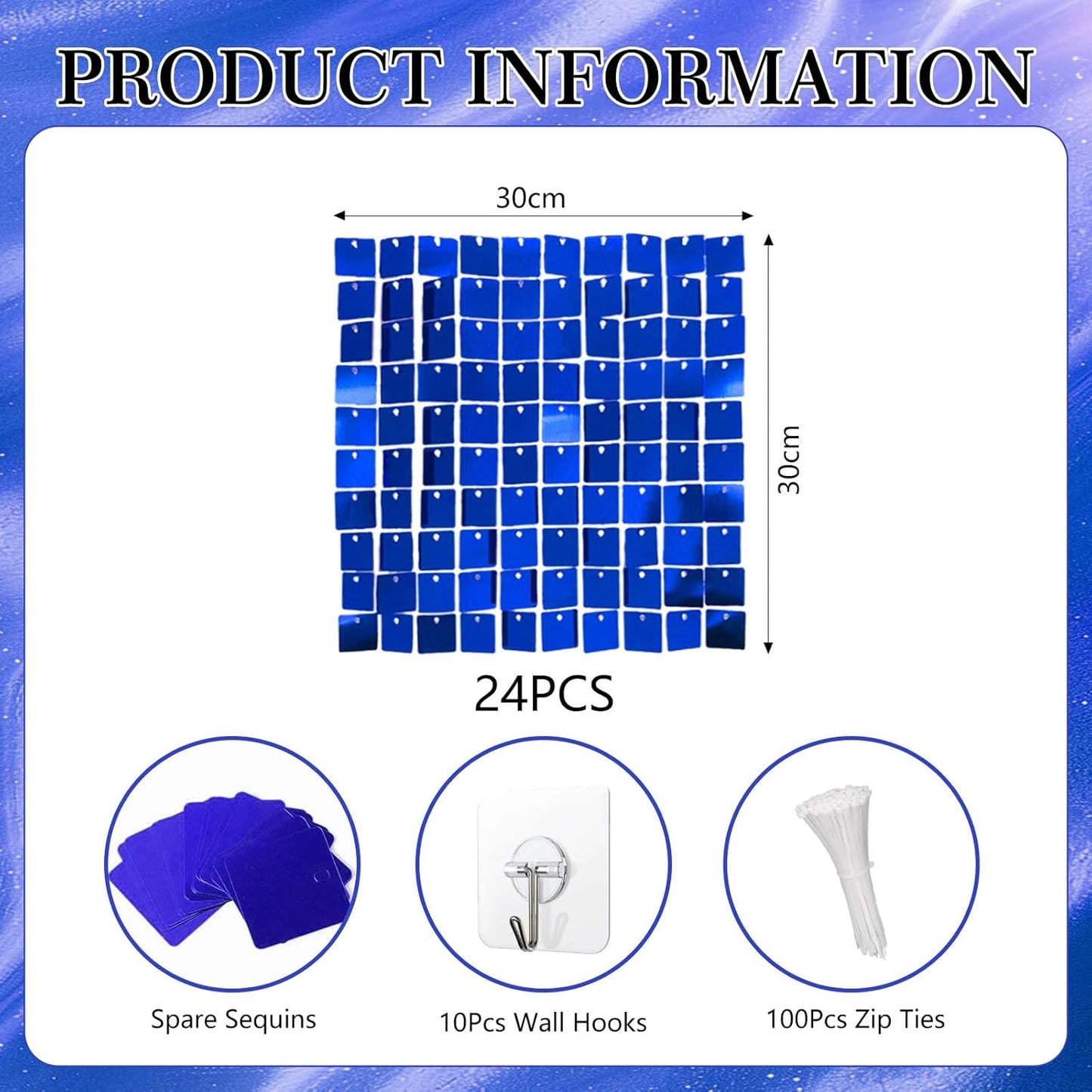 24PCS Blue Shimmer Wall Backdrop, Square Sequin Backdrops Panel, Glitter Wall Background for Birthdays, Weddings, Graduation, Engagements, Disco Bachelorette Party Decoration (4FTx6FT)