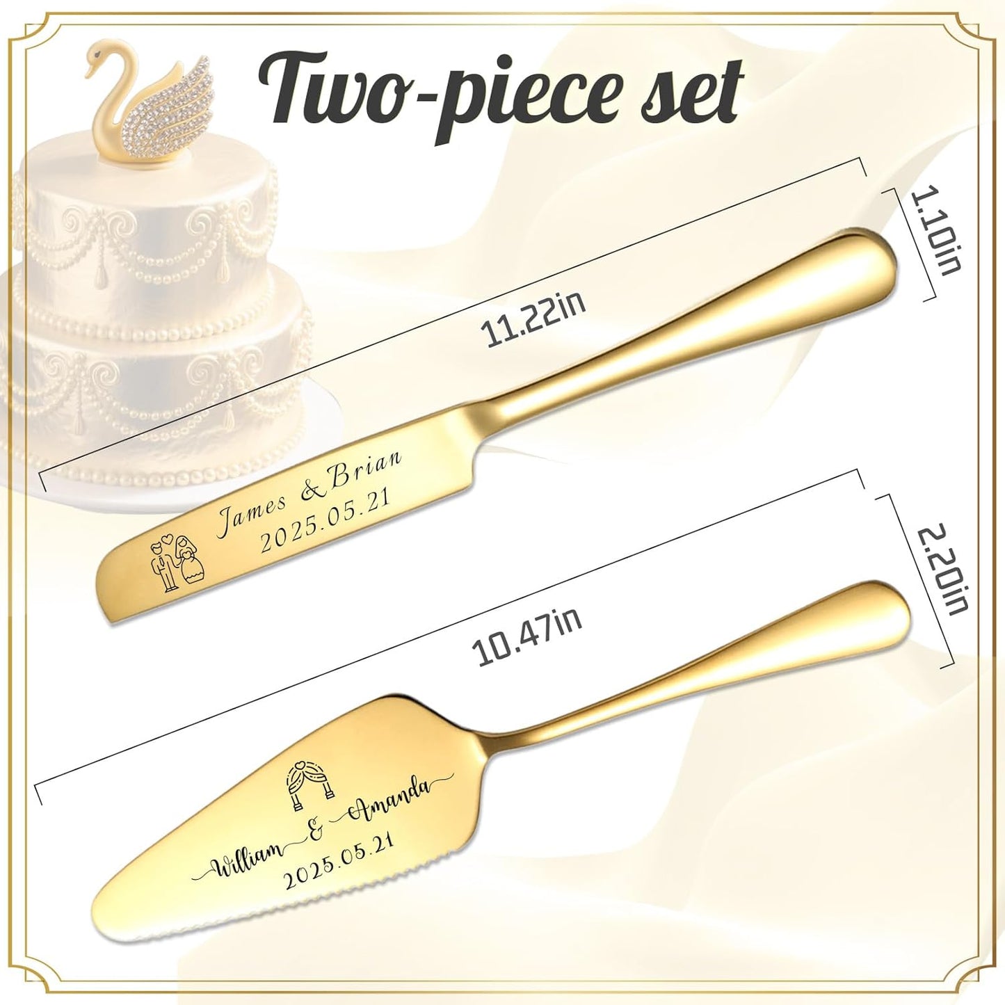 Custom Wedding Cake Knife and Server Set Personalized Cake Cutter with Engraved Text Bridal Cake Cutting Set with Gift Box for Weddings Anniversary Birthday (Gold - Text)