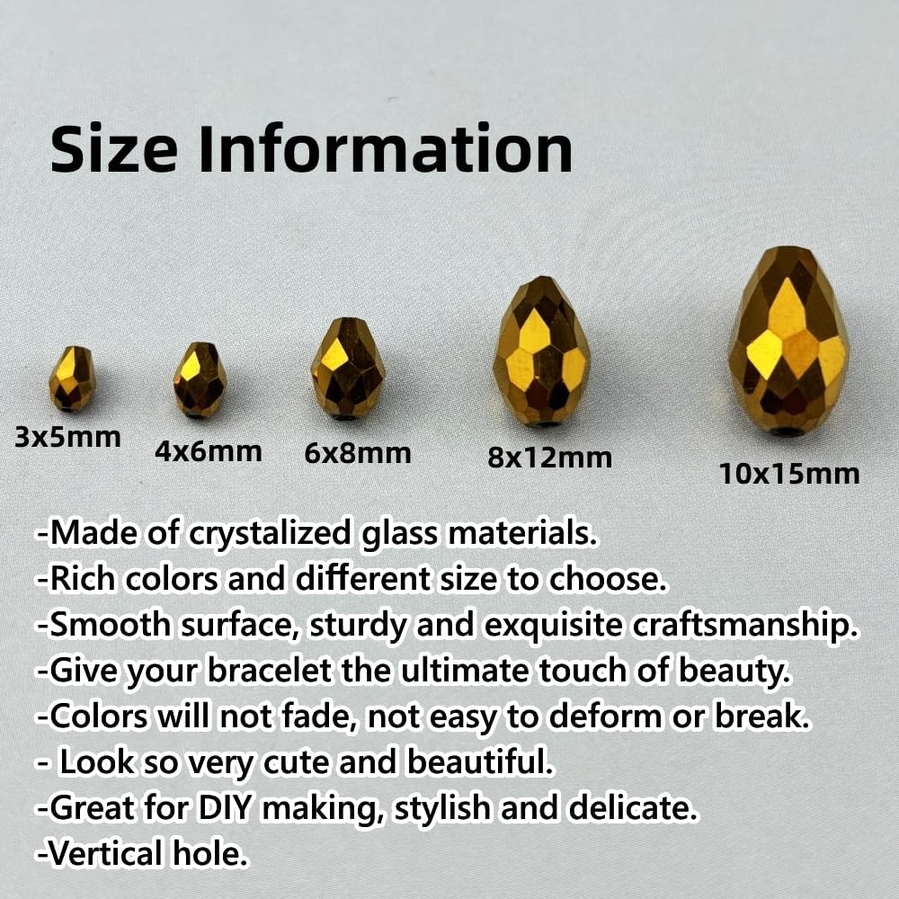130pcs 6x8mm Teardrop Crystal Glass Beads for Jewelry Making, Faceted Vertical Hole Teardrop Glass Spacer Beads for Wind Chimes Bracelet Earring Necklace DIY Craft(Gold)