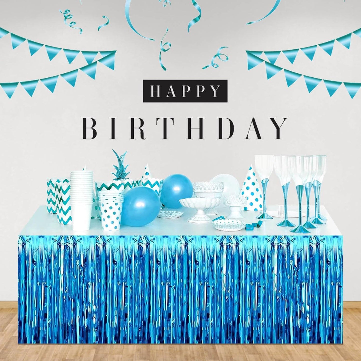 3 Pack 29 x108 Inch Lake Blue Foil Fringe Table Skirts Metallic Banner for Tinsel Streamer Garland Backdrop for Parade Floats Wedding Thanksgiving Birthday Christmas New Year Party Decoration