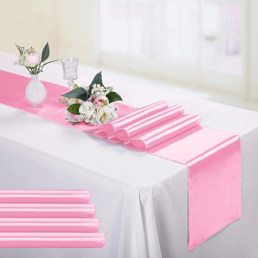 5-Pack Satin Table Runner Pink 12 x 108 inches Long, Table Runners for Wedding, Birthday Parties, Banquets Decorations（5 Pack, 12x108 Inch, Pink）