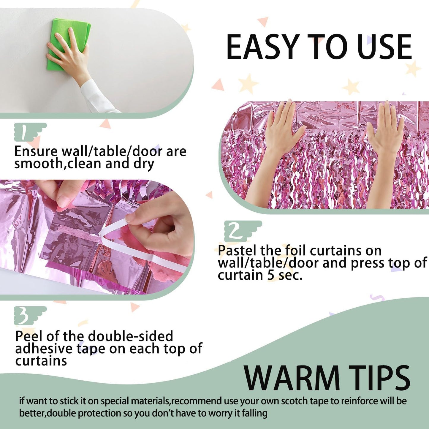 Pink Foil Fringe Curtain - Wavy Fringe Backdrop 3.3 x 6.6 Feet, Pack of 3 | Pink Streamers Party Decorations Birthday Decorations Valentine's Day Decoration Party Supplies