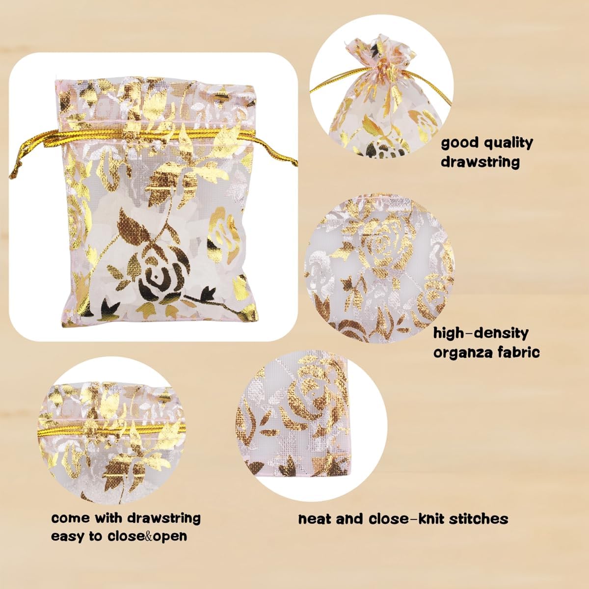 QIANHAILIZZ 100 Pack 2.8 x 3.5 Inch Flower Heart Organza Jewelry Gift Pouch Candy Pouch Drawstring Wedding Favor Bags B511S (pink gold flower)