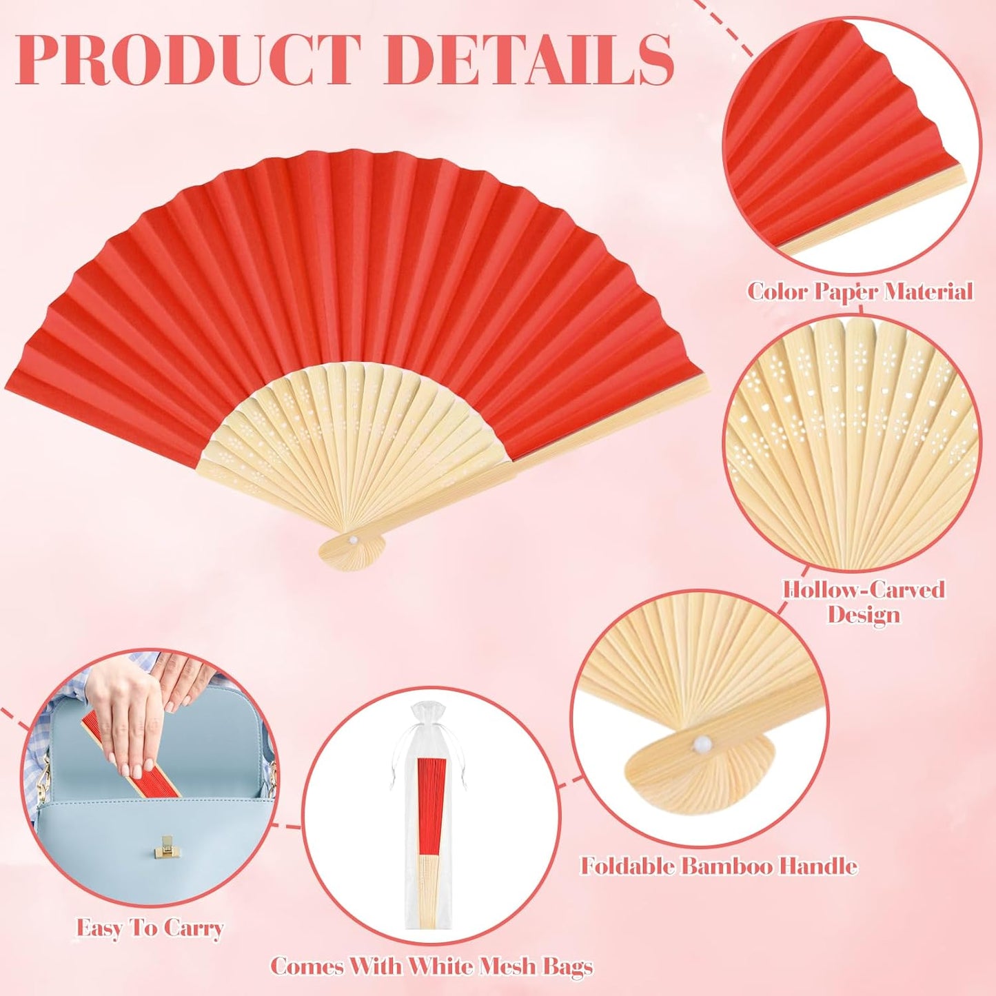 6 Pieces Red Hand Held Bamboo Folding Fans Foldable Paper Fans Handheld for Women Girls Wedding DIY Decoration Church Home Party Favors Summer