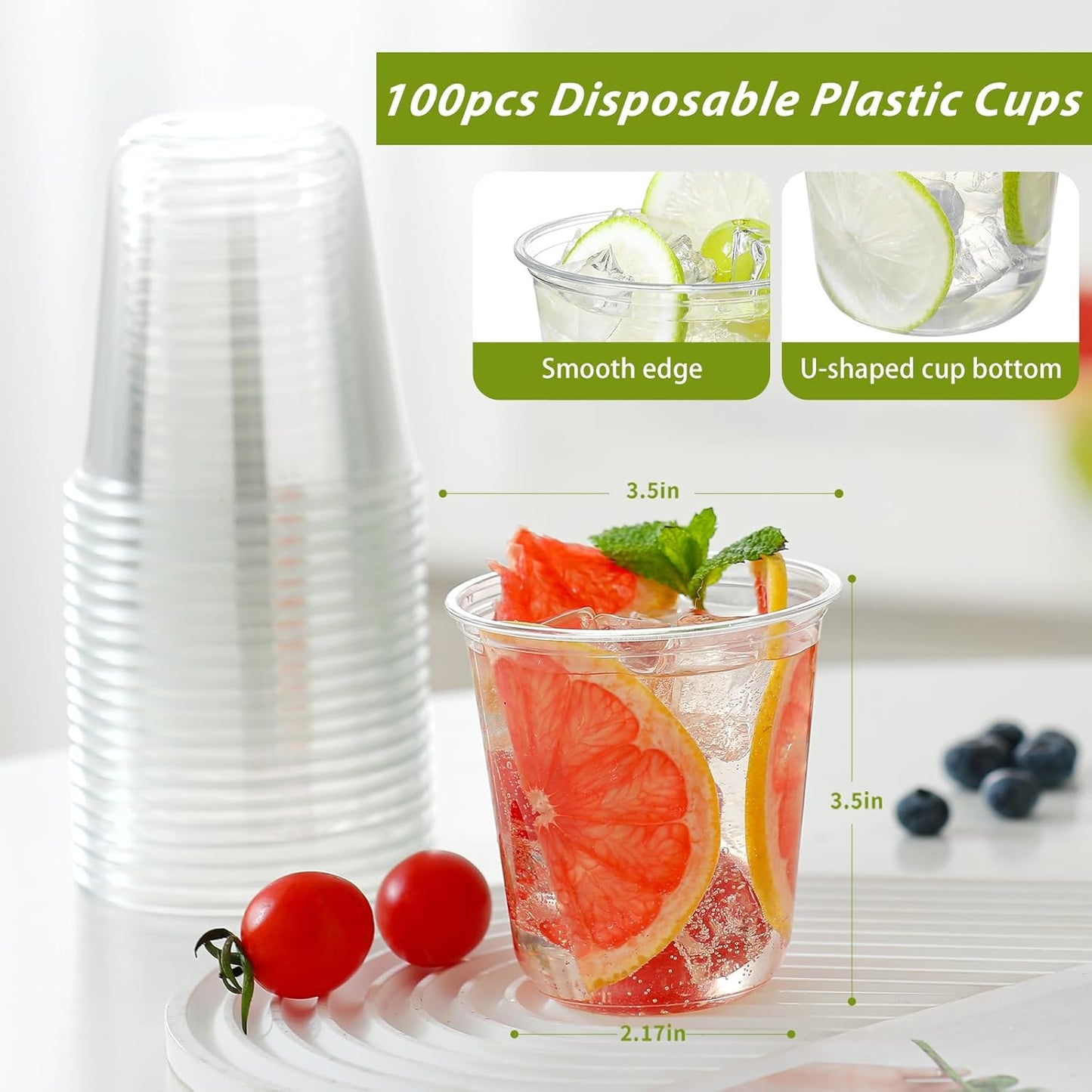 100 Pcs 12oz Disposable Stemless Clear Plastic Cups Crystal Plastic Wine Glasses Round Bottom Cold Drinking Cocktail Party Cups for Meeting Weddings Birthdays Christmas Party Supplies