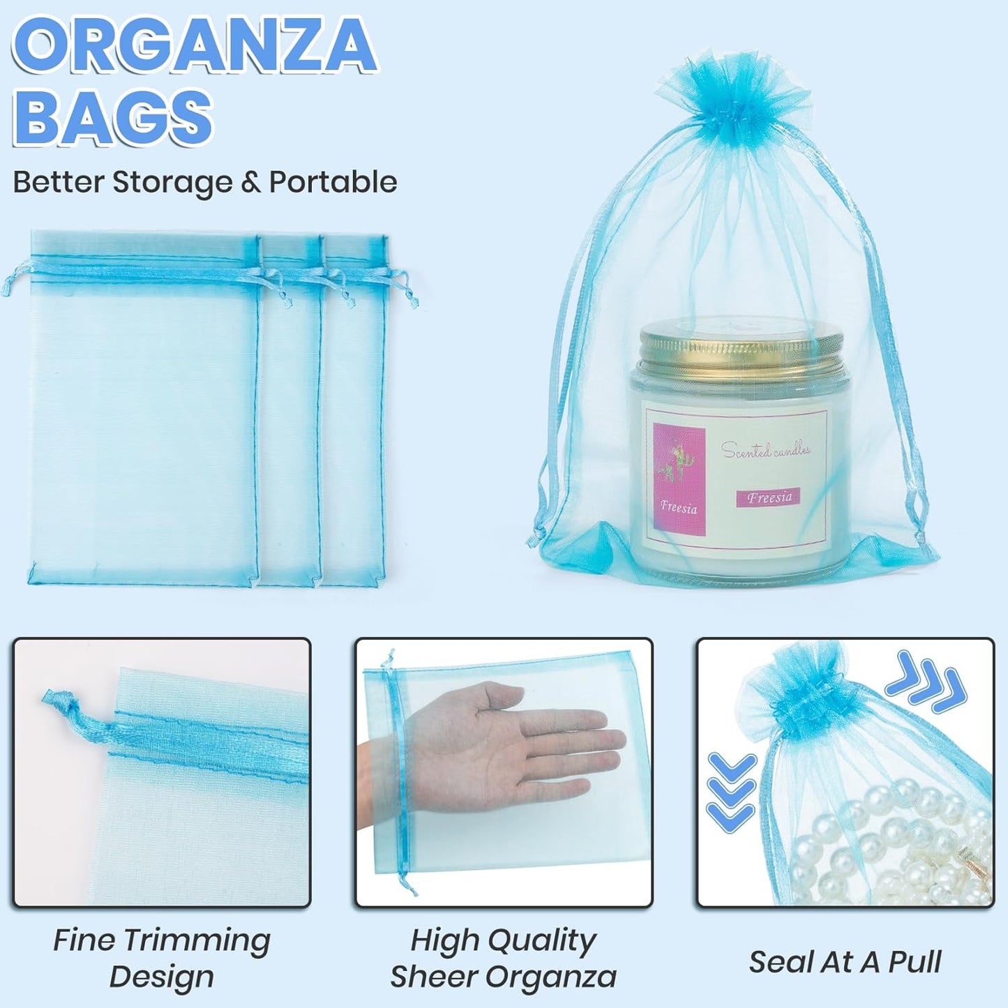 ANZNKU 50 Pack Organza Bags 4x6 Inch, Small Mesh Bag Drawstring Organza Gift Bags for Baby Shower, Party Favors(Lake Blue)