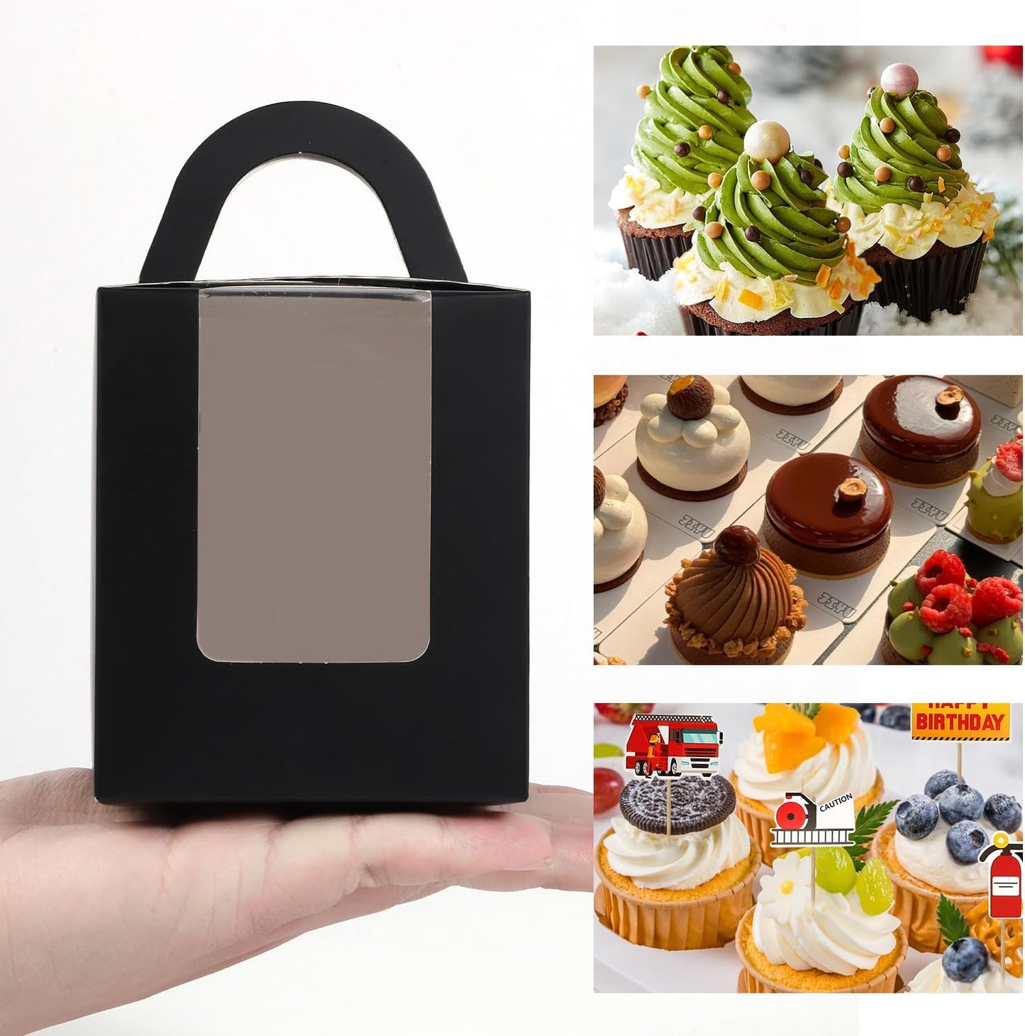JCD Black Cupcake Boxes Individual 120 Packs Cupcake Holders Disposable Single Cupcake Boxes with Window and Insert Muffins Cupcake Carriers Holder Cookie, Dessert, Donuts, Cupcakes (Black/120Pcs)