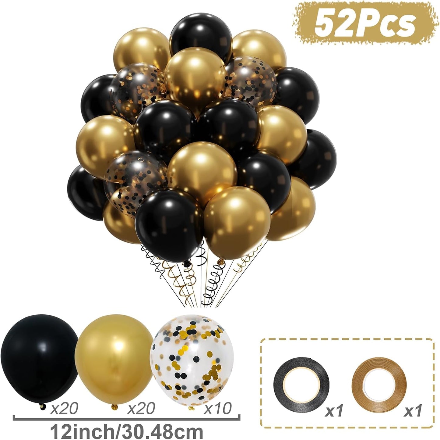 Patimate Black Gold Confetti Balloons Set, 50 pcs 12 inch Metallic Gold Black Confetti Latex Balloons Kit for Birthday Wedding Graduation New Years Anniversary Party Decorations