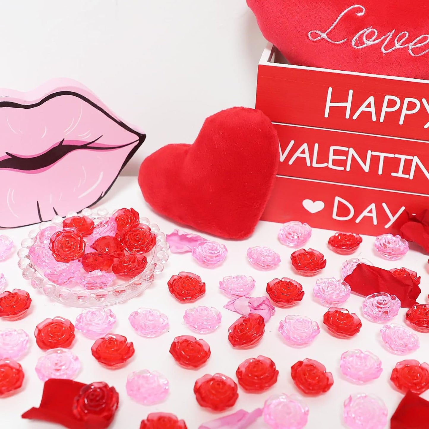Fangoo 210PCS Red Pink Acrylic Rose Ornaments Mini Acrylic Rose Gems for Valentine Vase Filler Decor for Table Scatter Engagement Valentine's Day Wedding Anniversary Party (RedPink-Rose, 12OZ)