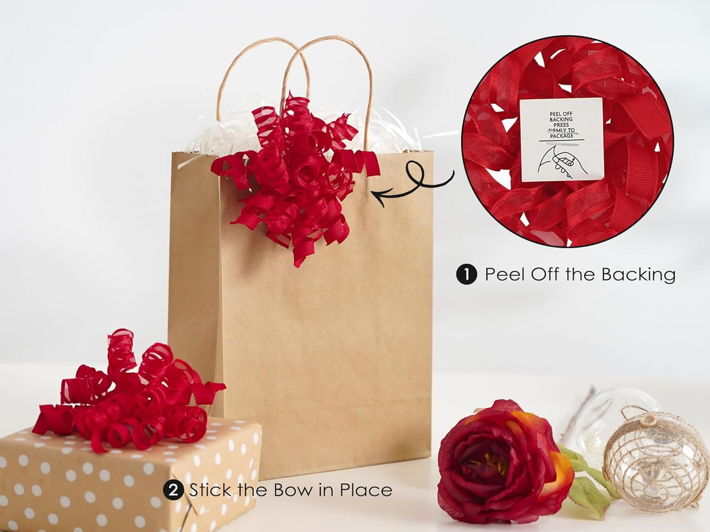 HUIHUANG Red Bows for Gift Wrapping Christmas Gift Bows 5 inch x 8 Counts Self-Adhesive Curly Ribbon Bow for Presents, Paper Bag, Party Favors, Wrapping Accessories, Holiday Wedding Decoration