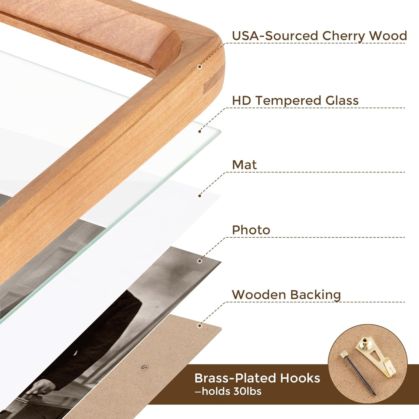 11x14 Picture Frame USA-Sourced Natural Cherry Wood Solid Original Wood Photo Frame Rounded Corner with Mat to 8x10 Picture Display with Real Glass Family Picture, Wedding Picture, Photo, Certificate