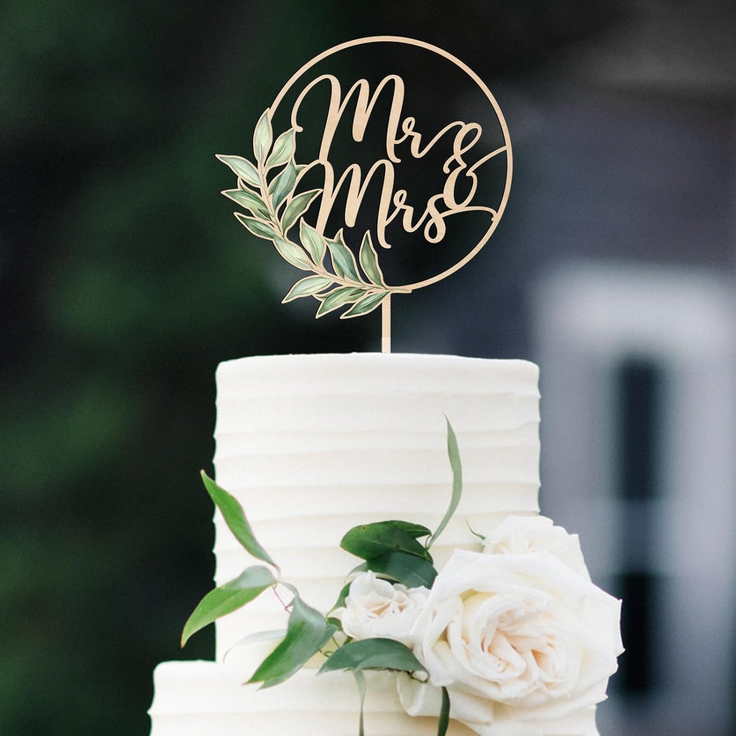 Mr & Mrs Cake Topper & 12 PCS Wedding Cupcake Toppers Green Wedding Decorations in Wood