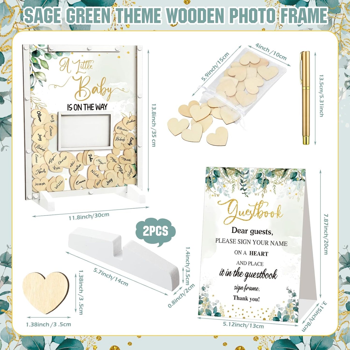 65 Pcs Greenery Baby Shower Guest Book Alternatives He or She Gender Reveal Decorations Sign in Guest Book with Picture Frame and 60 Wooden Chip a Little Baby is on The Way Decorations