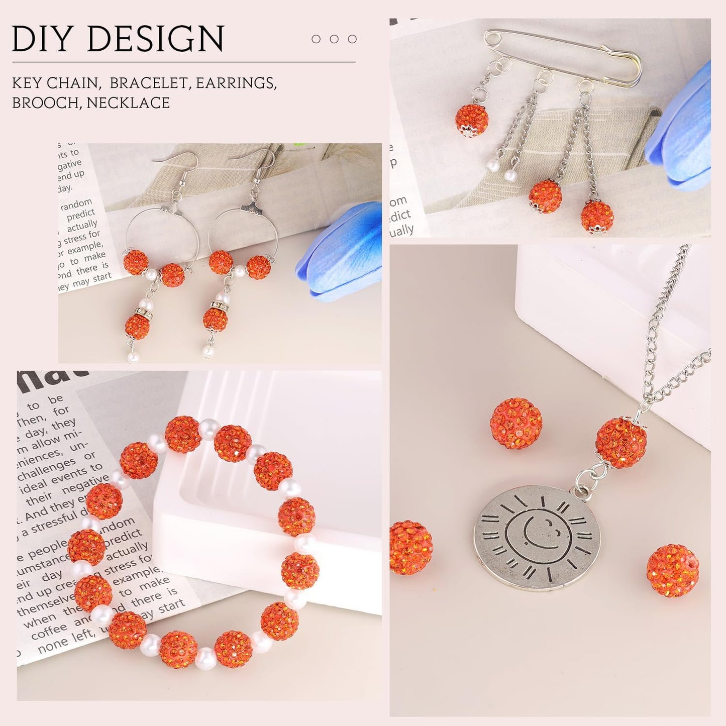 150 pcs 10mm Rhinestone Beads for Jewelry Making, Orange Shiny Round Shamballa Disco Beads Bulk, Sparkle Crystal Clay Christmas for Bracelet Baseball Necklace Earring Crafting and DIY