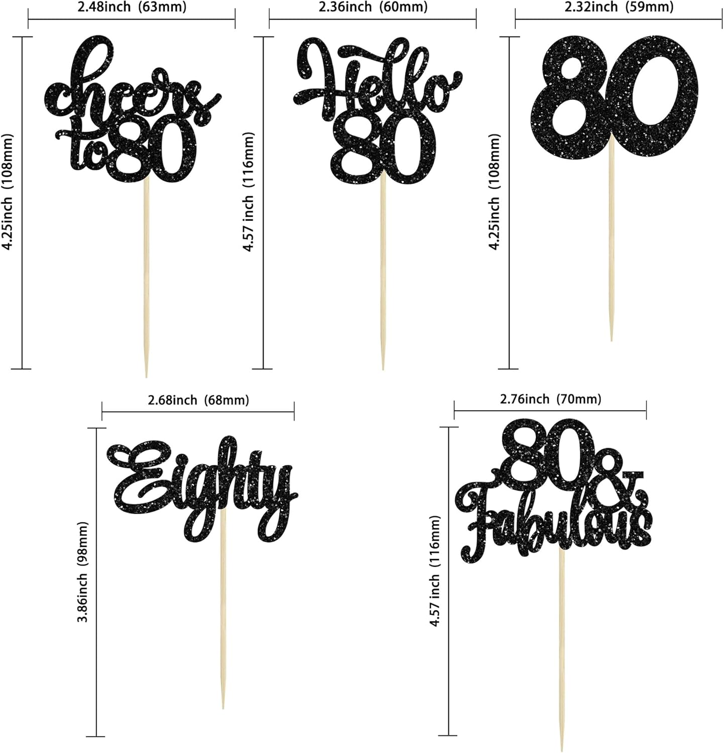 30pcs Happy 80th Birthday Cupcake Toppers - Eighty Cheers to 80 Years Old - Black Glitter