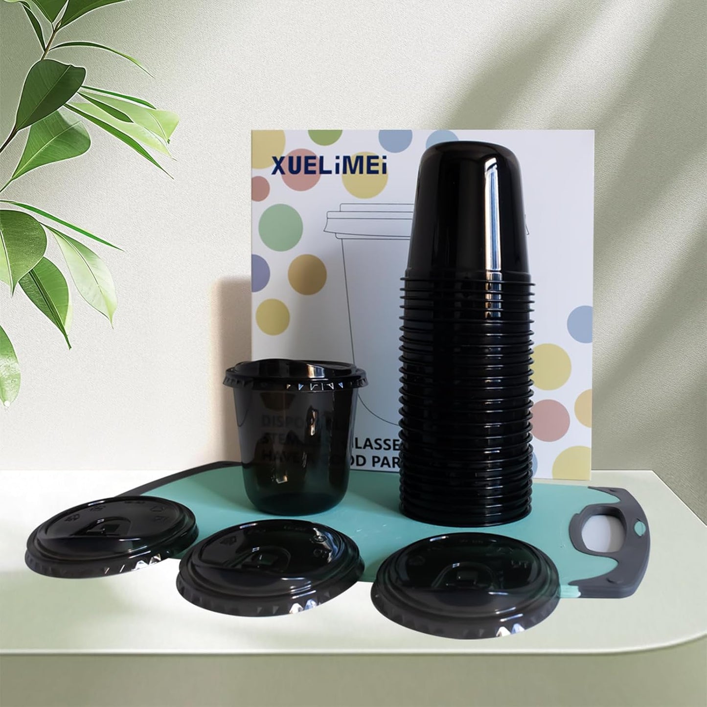 16oz Disposable Stemless Glasses With Strawless Sip Lids,PET Disposable Drinking Cups,Clear Plastic Wine Glasses for Parties Birthday,Wedding,Meeting,Christmas Party Supplies (50, Black)