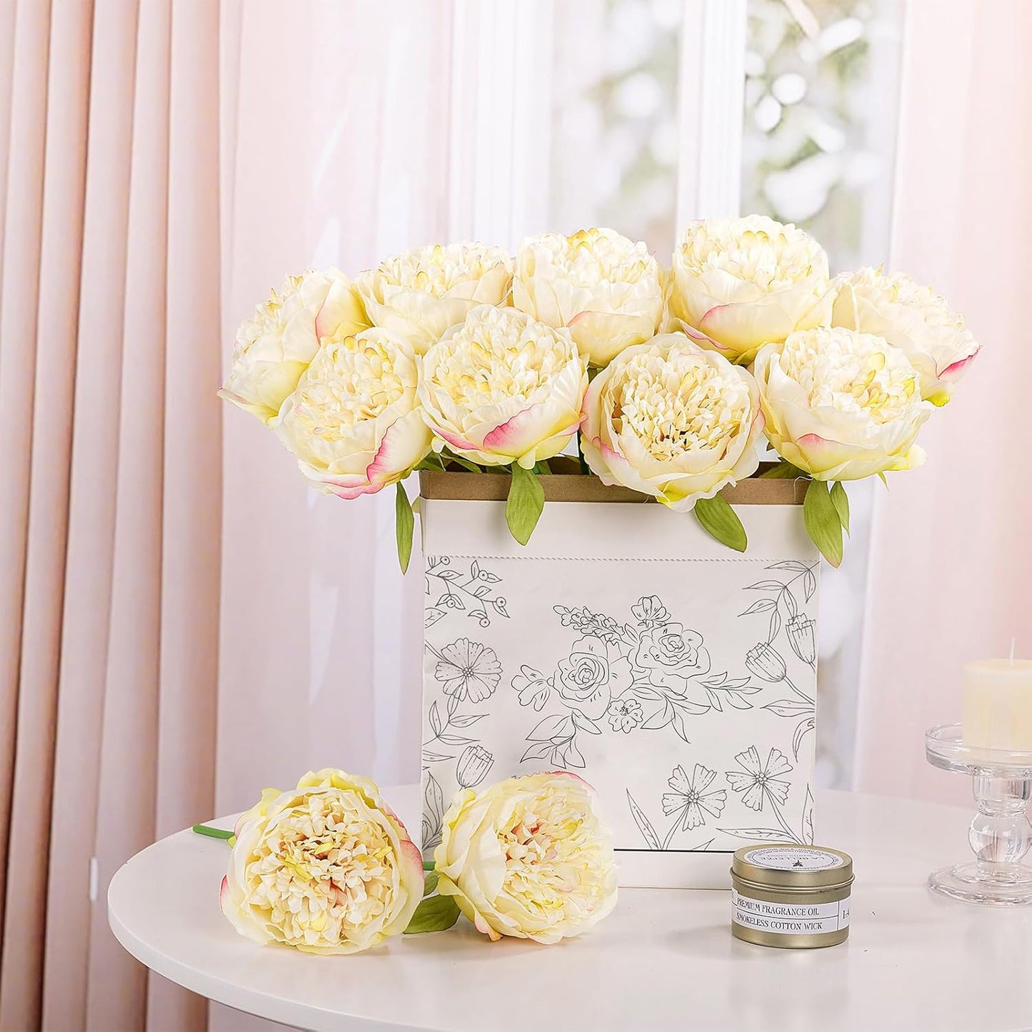 U'Artlines 2 Bouquet 10 Heads Artificial Peony Silk Flower Leaf Home Office Wedding Party Festival Bar Decor (Champagne)
