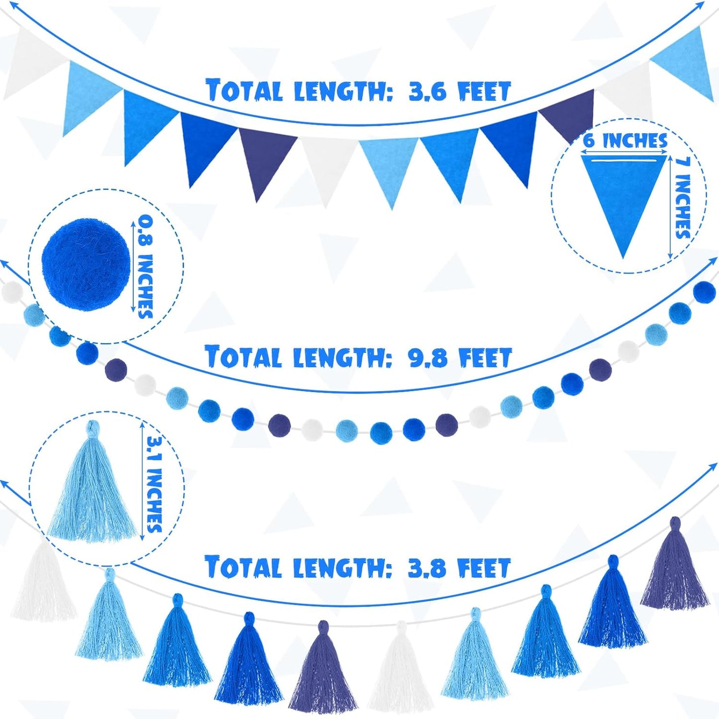 Irenare 9.8 ft Pom Pom Garland Felt Colorful Tassel Banner Christmas Party Pompoms Garland Decorations Felt Pennant Banner for Classroom Home Mantel Fireplace Birthday(Blue)