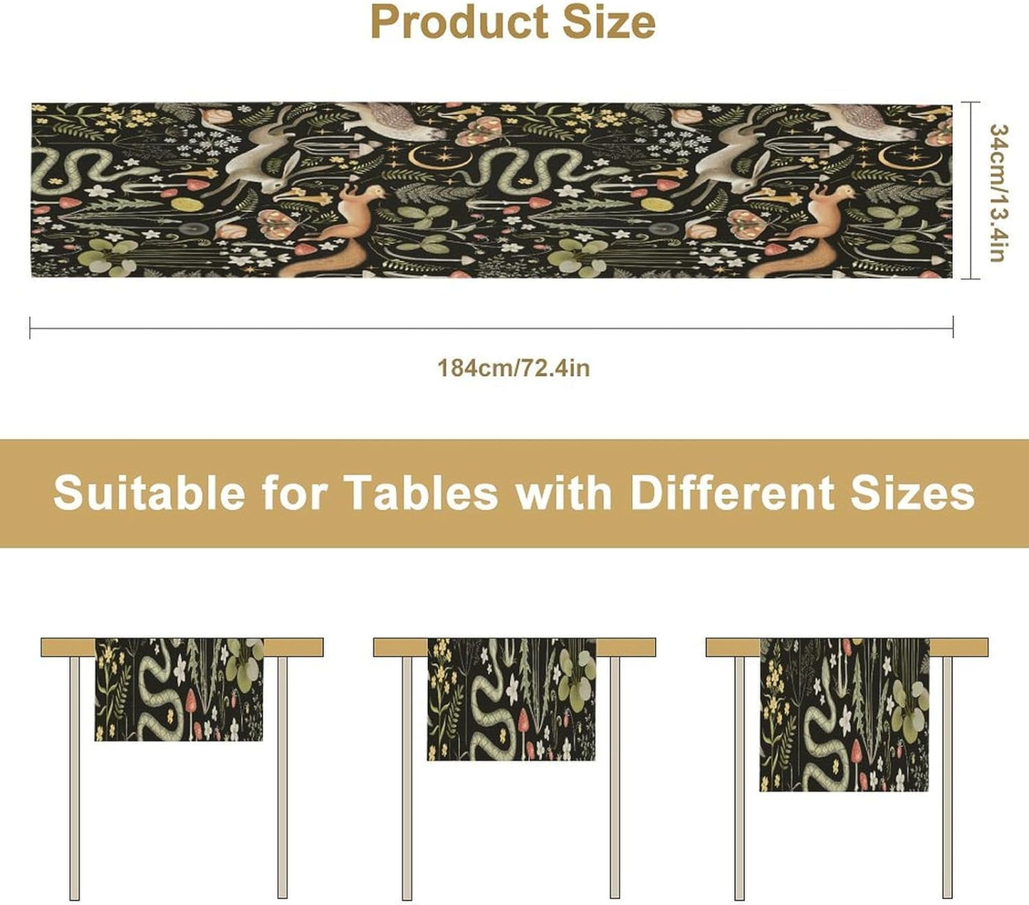 Mushroom Table Runner,Vintage Boho Forest Wild Animal Wildflower Botanical Plants Pattern Print Burlap Hotel Indoors Outdoor Dining Room Kitchen Holiday Party, 13x108in