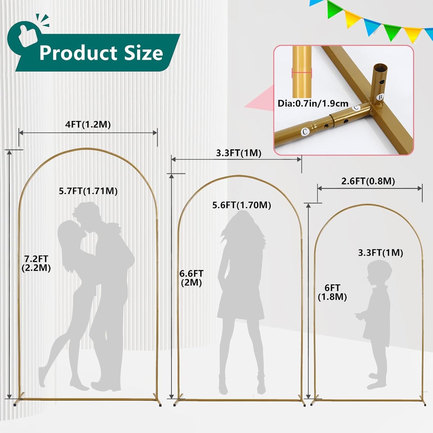3-Pack Metal Arch Backdrop Stand Set (6/6.6/7.2FT) Heavy Duty Rust-Proof Wedding Decoration Frame with Crossbar Base for Party, Photo Booth, Balloon & Flowers Decor (Gold, 6FT,6.6FT,7.2FT)