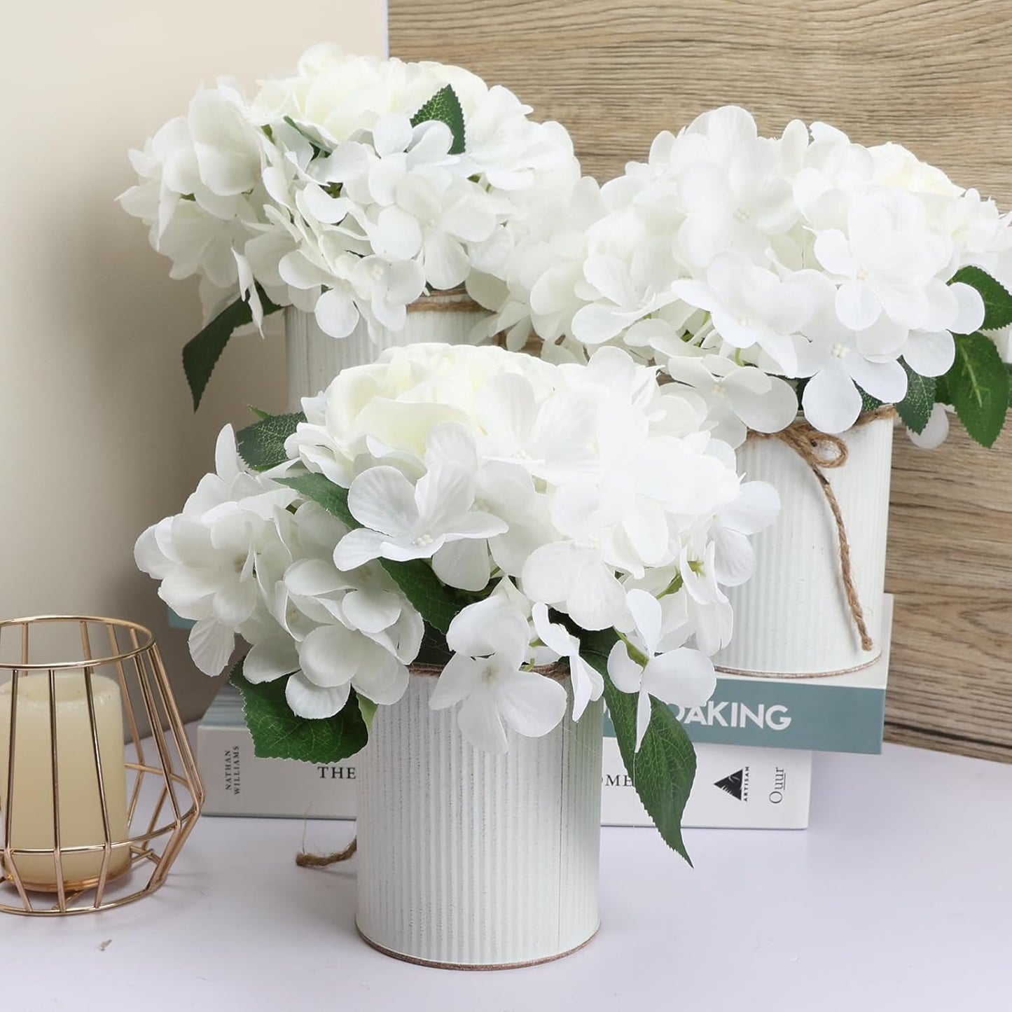 Flower Table Centerpieces - Set of 6 Floral Arrangement Artificial Wedding Hydrangeas Floral Arrangement with Rustic Metal Vase for Bridal Tea Party Event Decorations - White