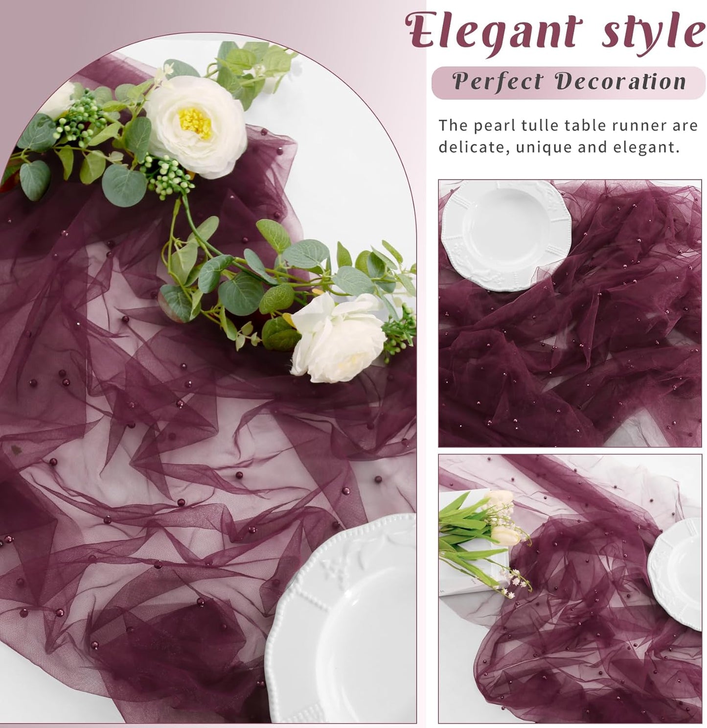 Pearl Table Runner 29 x 120 Inch Tulle Fabric Lace Table Runners Boho Rustic Tablecloth for Bridal Shower Birthday Party Wedding Arch Aisle Veil Dessert Table Decor(1 Pack, Burgundy)
