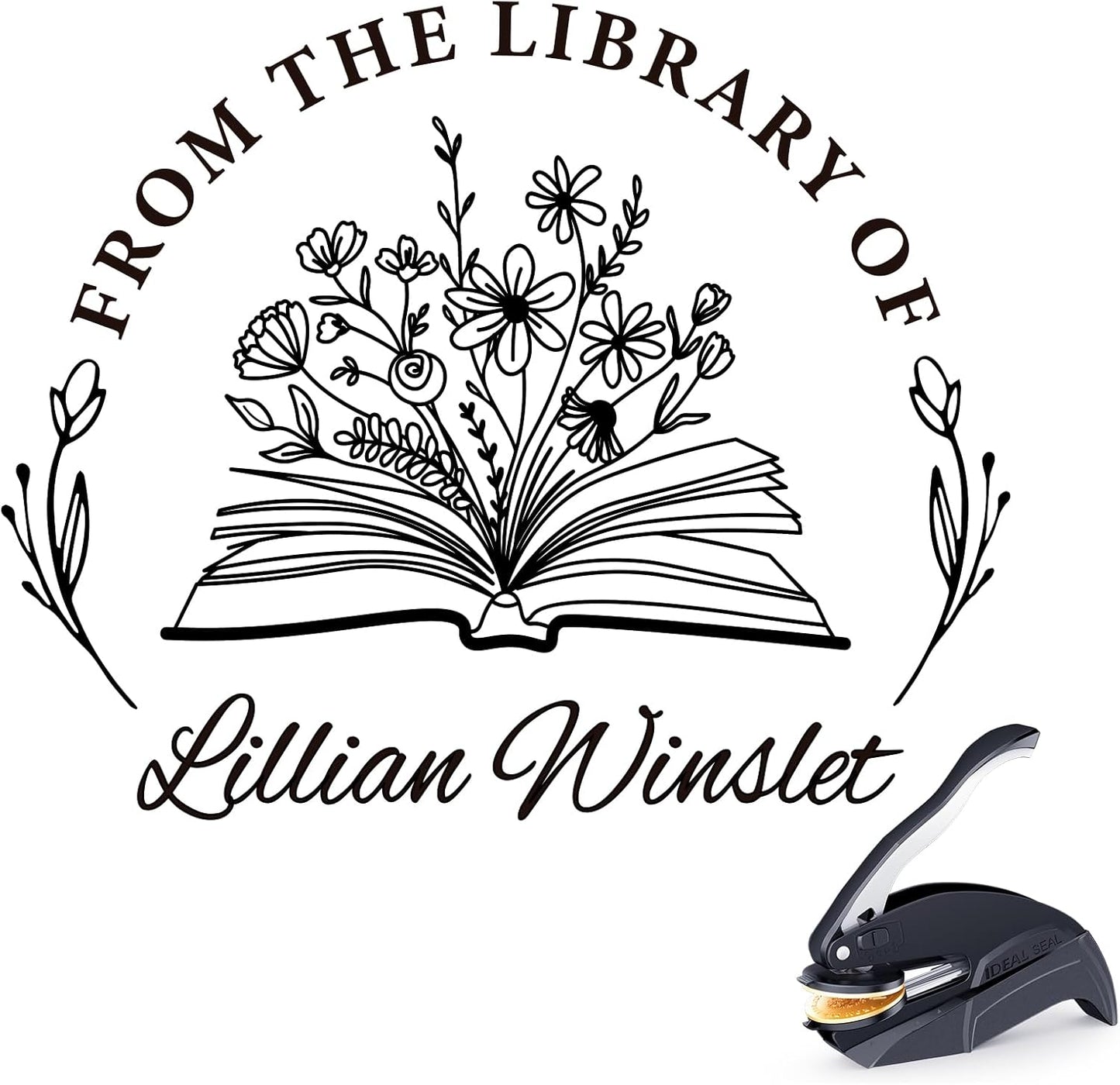 Personalized Book Stamp - Custom Book Embosser Library Gifts for Book Lovers, Readers, Teachers (Floral-08)