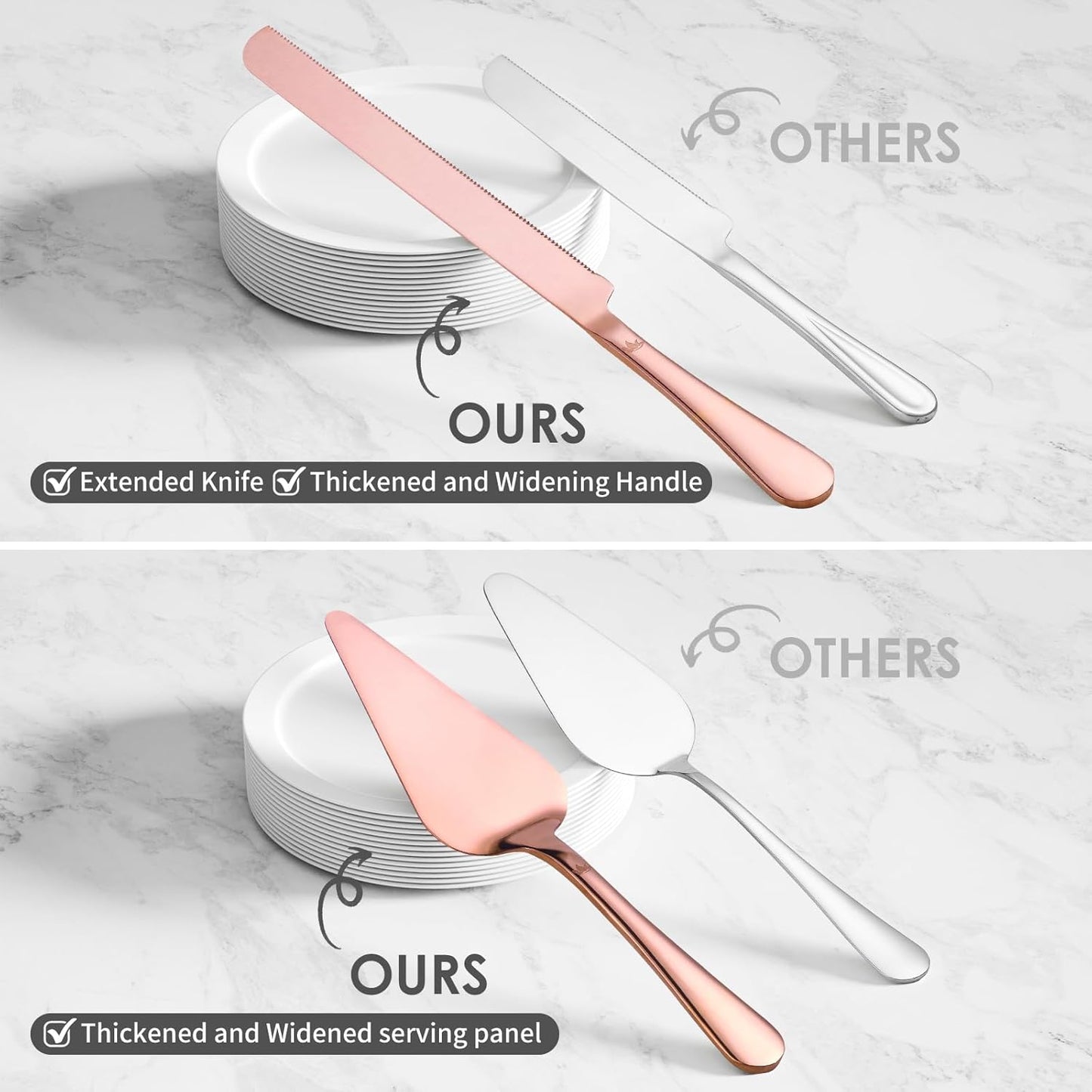 Cake Cutting Set for Wedding - Extended Cake Knife And Server Set Thickened Stainless Steel Cake Cutter and Pie Spatula Great for Birthday Anniversary Christmas Gift Rose Gold 2 Pcs