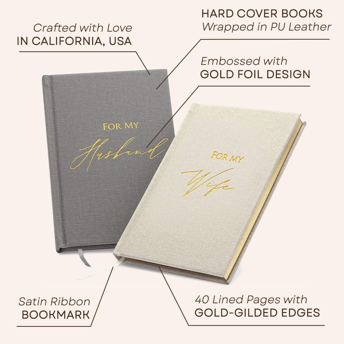 MUUJEE Hard Cover Vow Books (Set of 2) - Foil Embossed Wedding Ceremony Vow Renewal Speech Books, Couple Gifts for Engagement (For My Husband/Wife)
