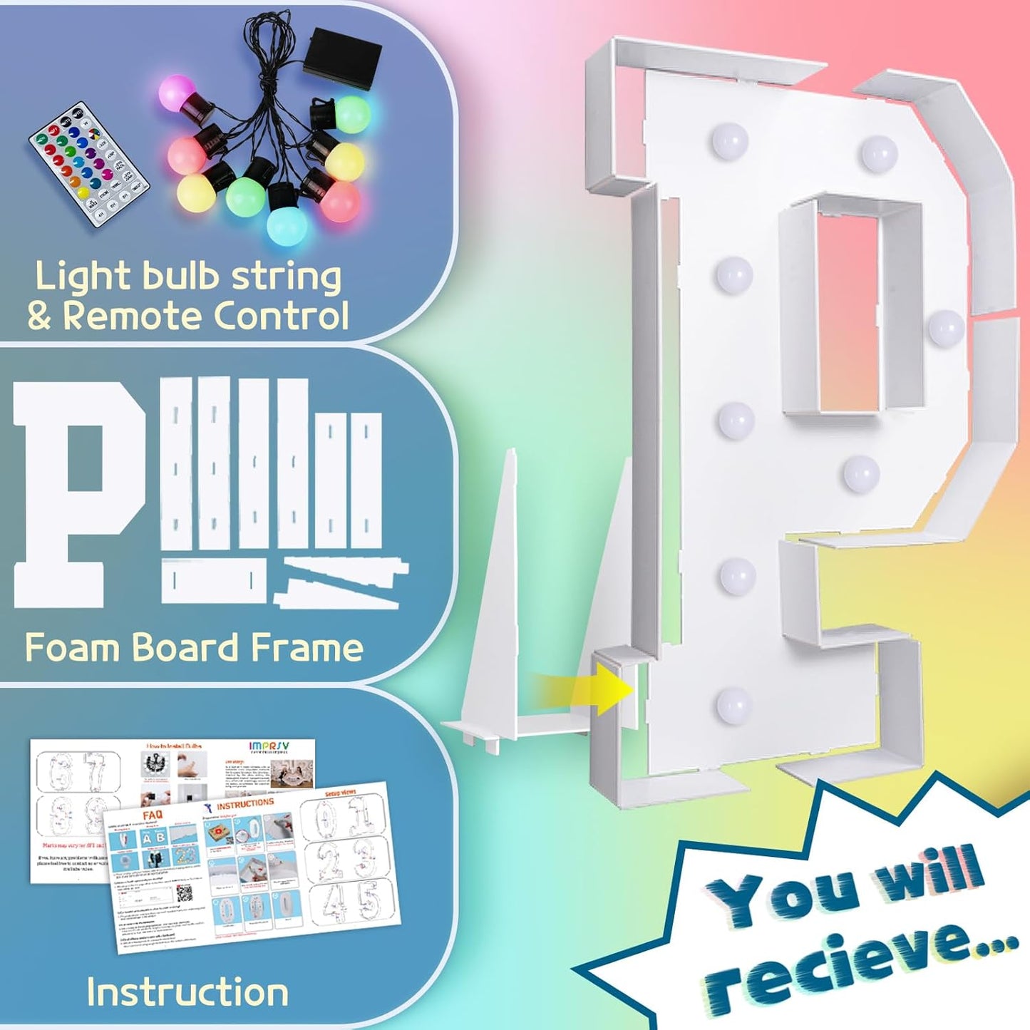 imprsv 3FT Colorful Marquee Light Up Letters P, 18 Color Light Up Alphabet Sign with Remote, Baby & Large Letters for Baby Shower, Birthday, Engagement, Wedding Party Decor