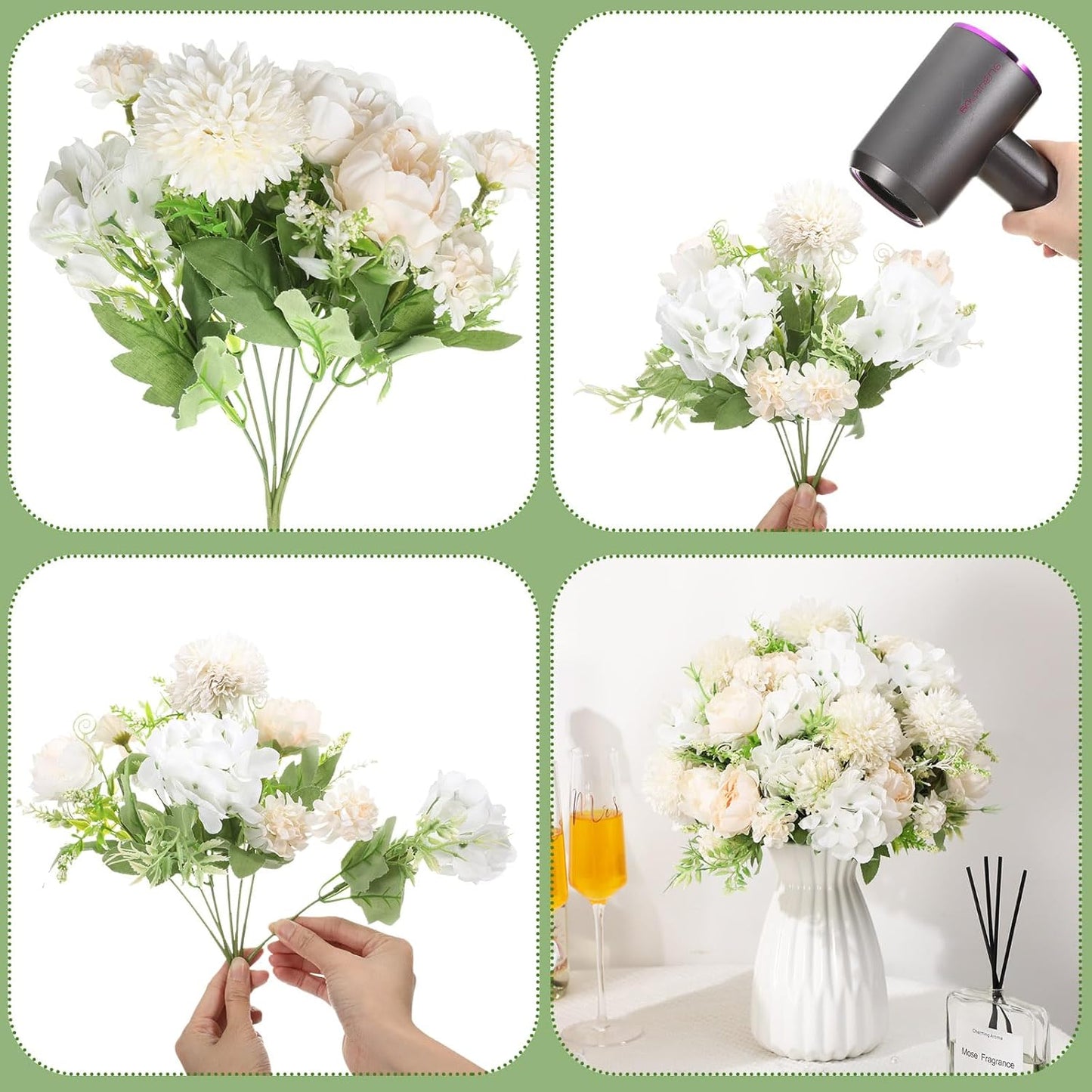 Tigeen Artificial Flowers Artificial Peonies Silk Flowers Faux Peony Fake Peony Silk Hydrangea Bouquet for Wedding Table Centerpiece Floral Vase Decor(White,24 Bundles)